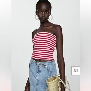 Mango Red and White Striped Strapless Tube Camisole